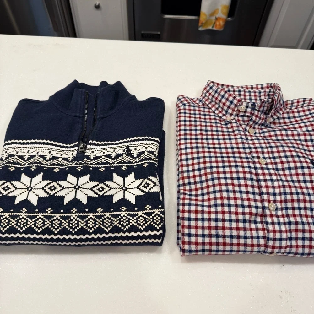 Ralph Lauren Boys 2 PCs Set Blue Snowflake 1/4 Zip Sweater & Plaid Shirt M 10-12